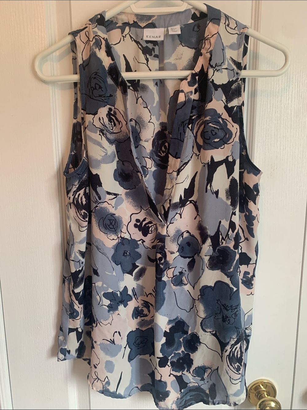Kenar Navy, Blue and Cream Floral V-Neck Sleeveless Blouse